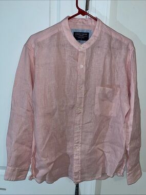 Joseph Turner Yorkshire No Collar Mandarin pink 100% Pure Linen LS Pocket Shirt